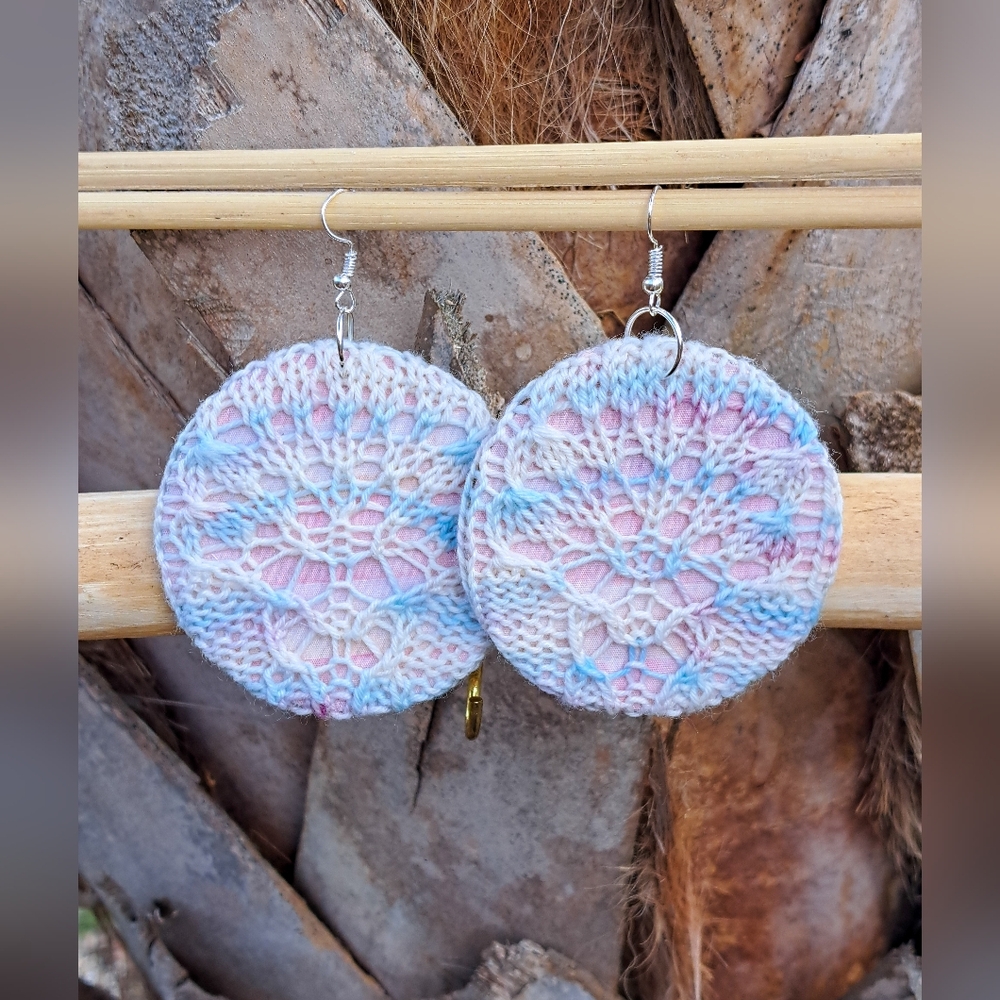 Cotton Candy Knit Earrings Lace Pink Blue White Hand Dyed Yarn White Dotted
